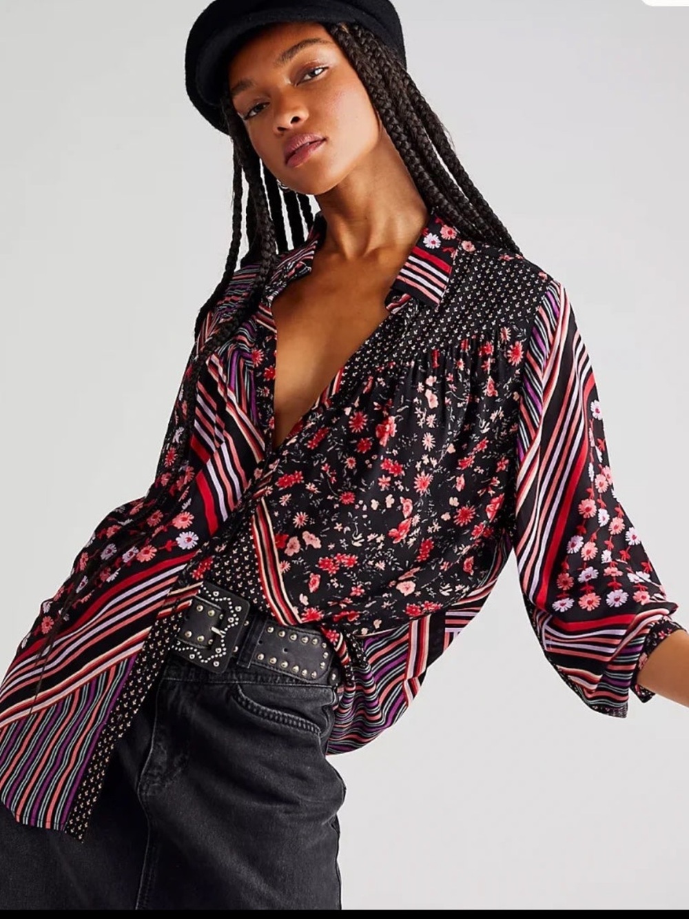 Free People Hazel Button Down in black combo